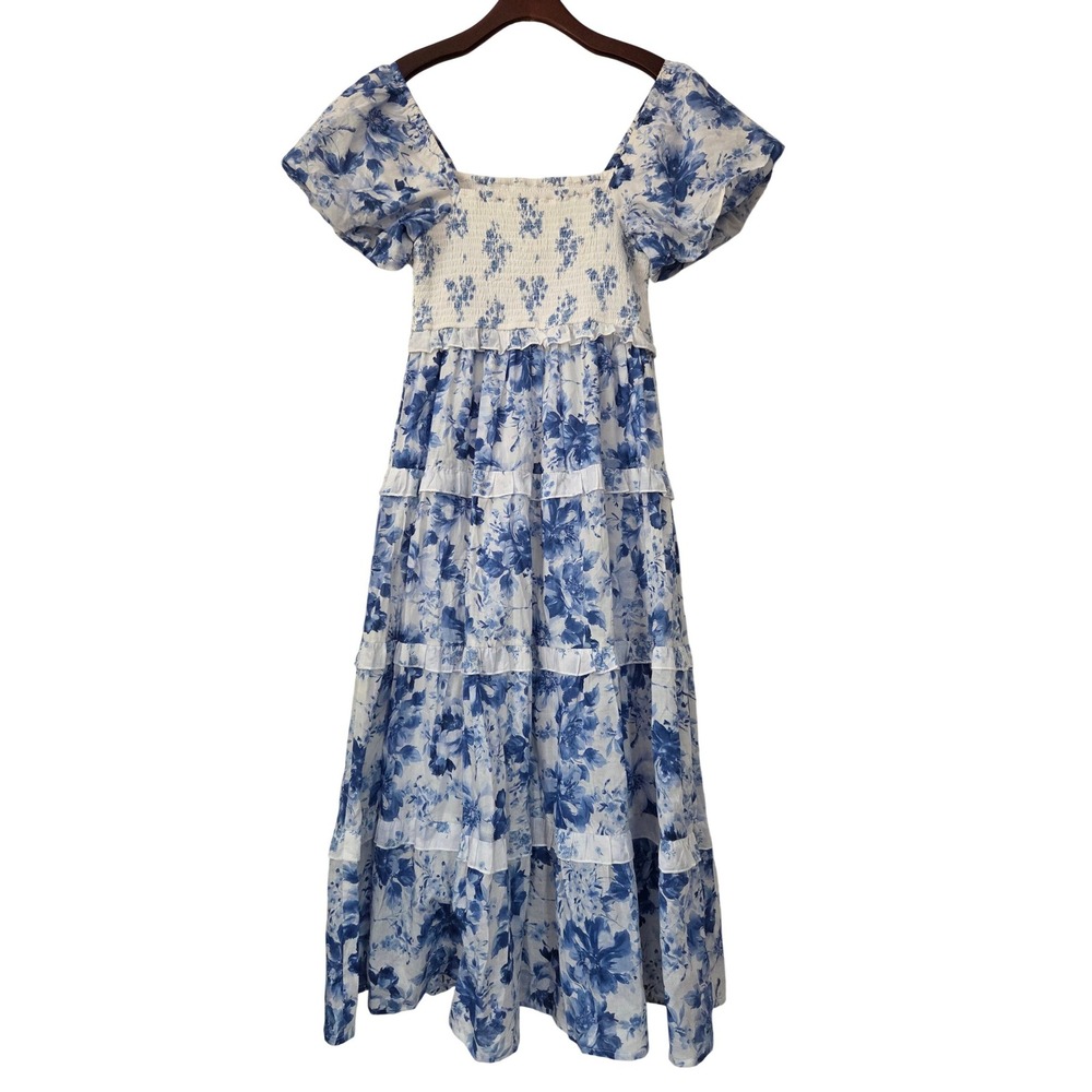 White Feather Ruffle Tiered Dress Puff Sleeve Smocked M Blue Floral Sample New